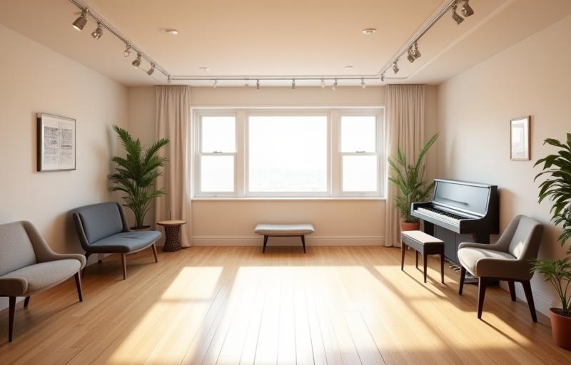 Inside view of a modern vocal studio with piano
