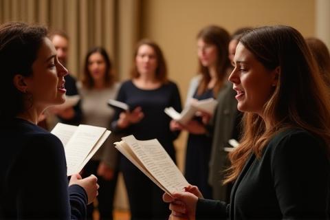 Group of people practicing singing together in a choir workshop