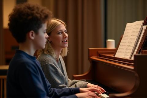 Instructor giving a vocal lesson to a student at the piano