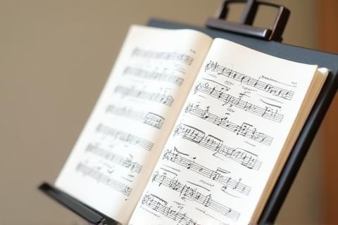 Close up of sheet music on a music stand