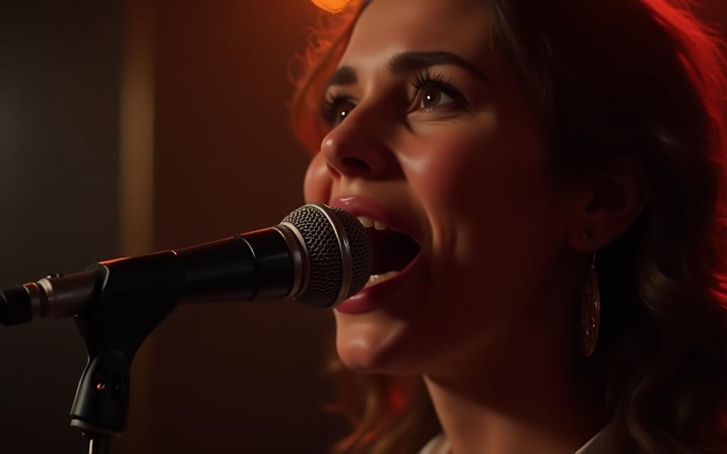 Person passionately singing with microphone, blurred studio background