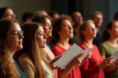 Group of people singing together in a choir