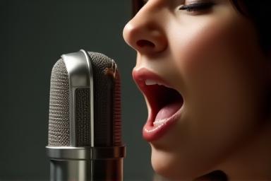 Close up of a person singing into a microphone